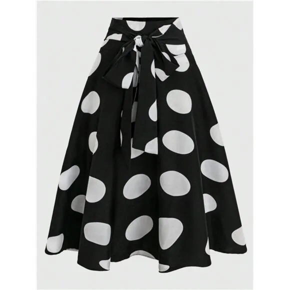 Women's Elegant Polka Dot Print Tie-Waist A-Line Mid Skirt, Autumn