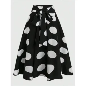 Women's Elegant Polka Dot Print Tie-Waist A-Line Mid Skirt, Autumn