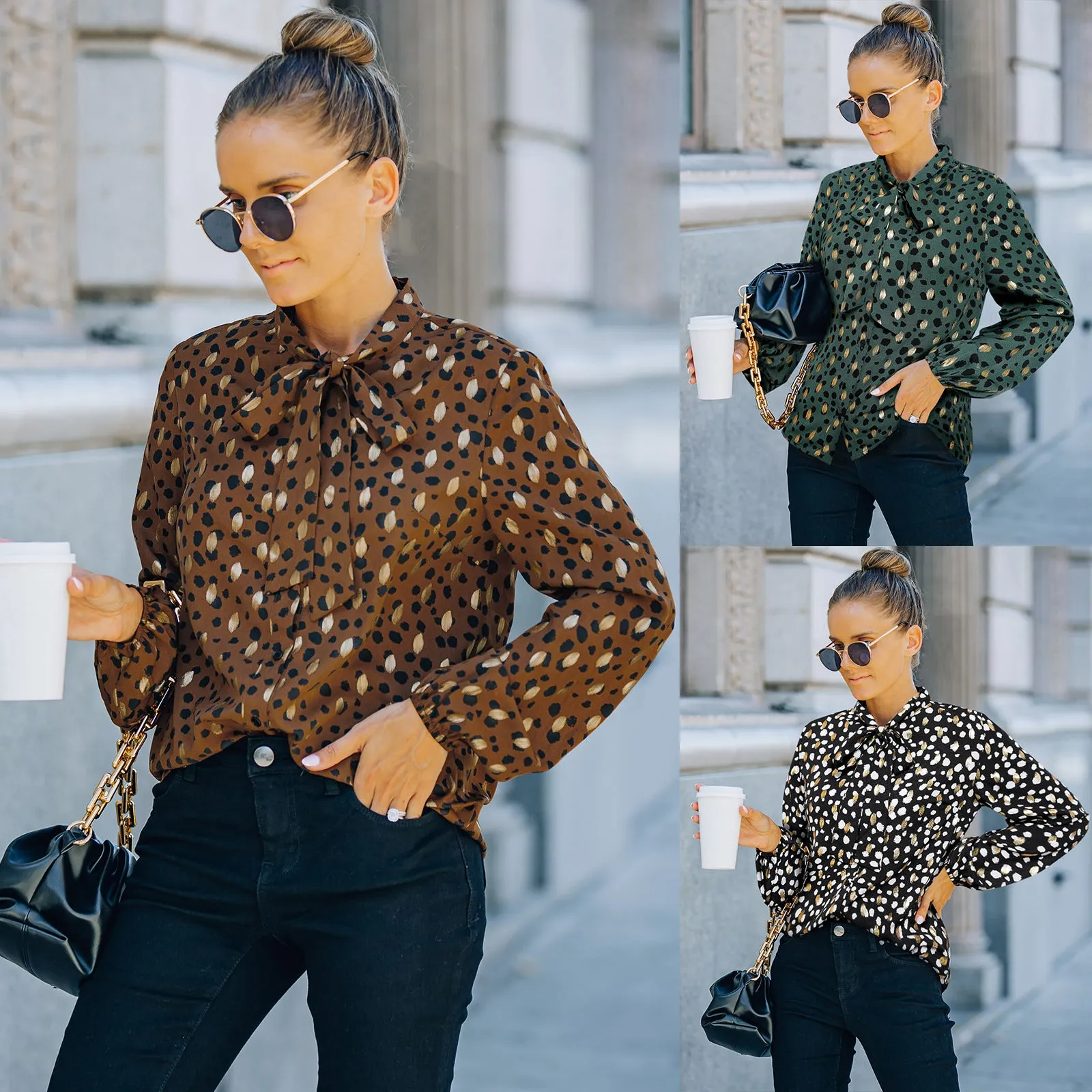 Women's Patterned Blouse with Collar and Long Sleeves