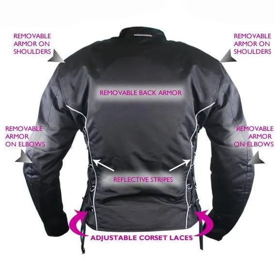 Women’s Removable Armor Black Fabric Motorcycle Jacket