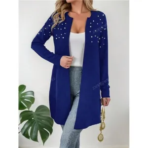 Women's Round Neck Long Sleeve Pearl Embellished Cardigan, Fashionable Daily