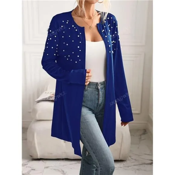 Women's Round Neck Long Sleeve Pearl Embellished Cardigan, Fashionable Daily