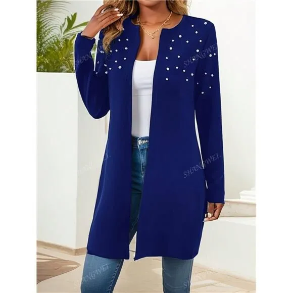 Women's Round Neck Long Sleeve Pearl Embellished Cardigan, Fashionable Daily