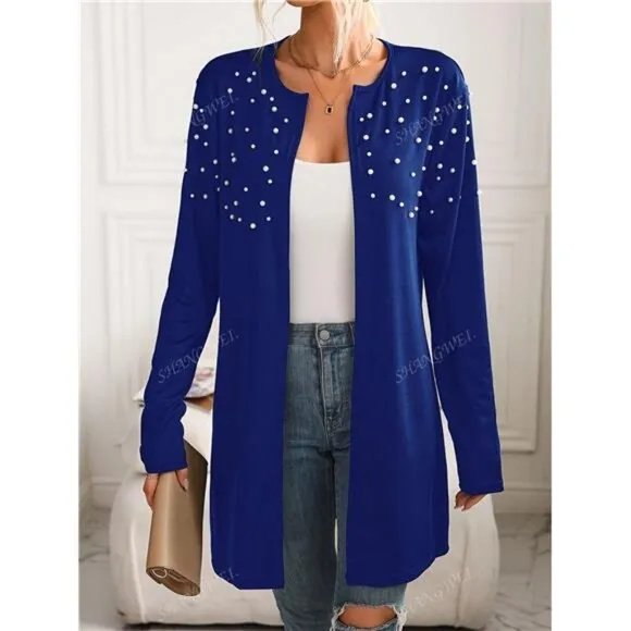 Women's Round Neck Long Sleeve Pearl Embellished Cardigan, Fashionable Daily